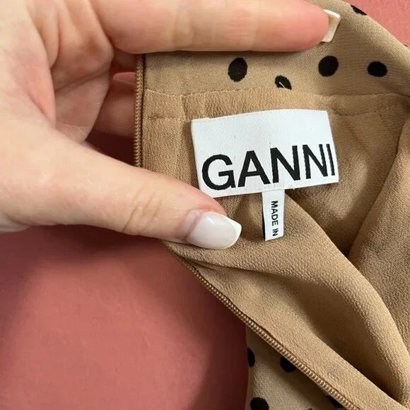 Ganni Brown & Black Polka Dot High Neck Long Sleeve Blouse Size 34 - Picture 6 of 8